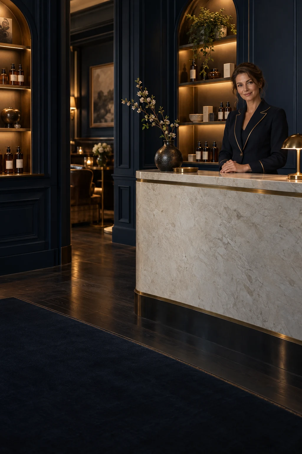An imagined Brooks & Oaks salon, with a welcoming concierge, midnight-blue panelling and warm brass lighting.