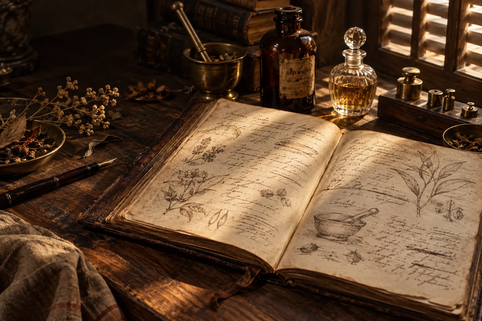 Artistic interpretation of an old handwritten formulation book, with botanical drawings, amber bottles and a fountain pen on a teak desk.