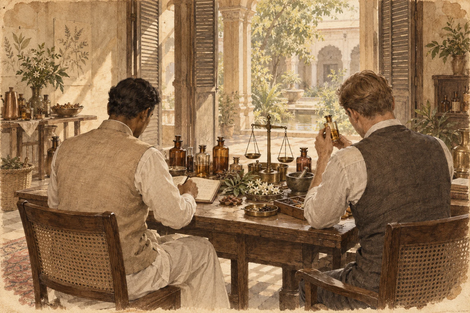 Sepia artistic interpretation of an Indian maker and an English friend working together over a formulation notebook in a period-inspired workshop; their faces are not shown.
